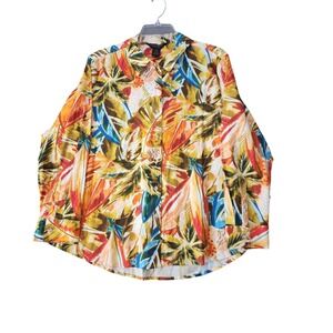 Investments Stretch Linen Tropical Resort Print Button Down Shirt Sz PXL NEW